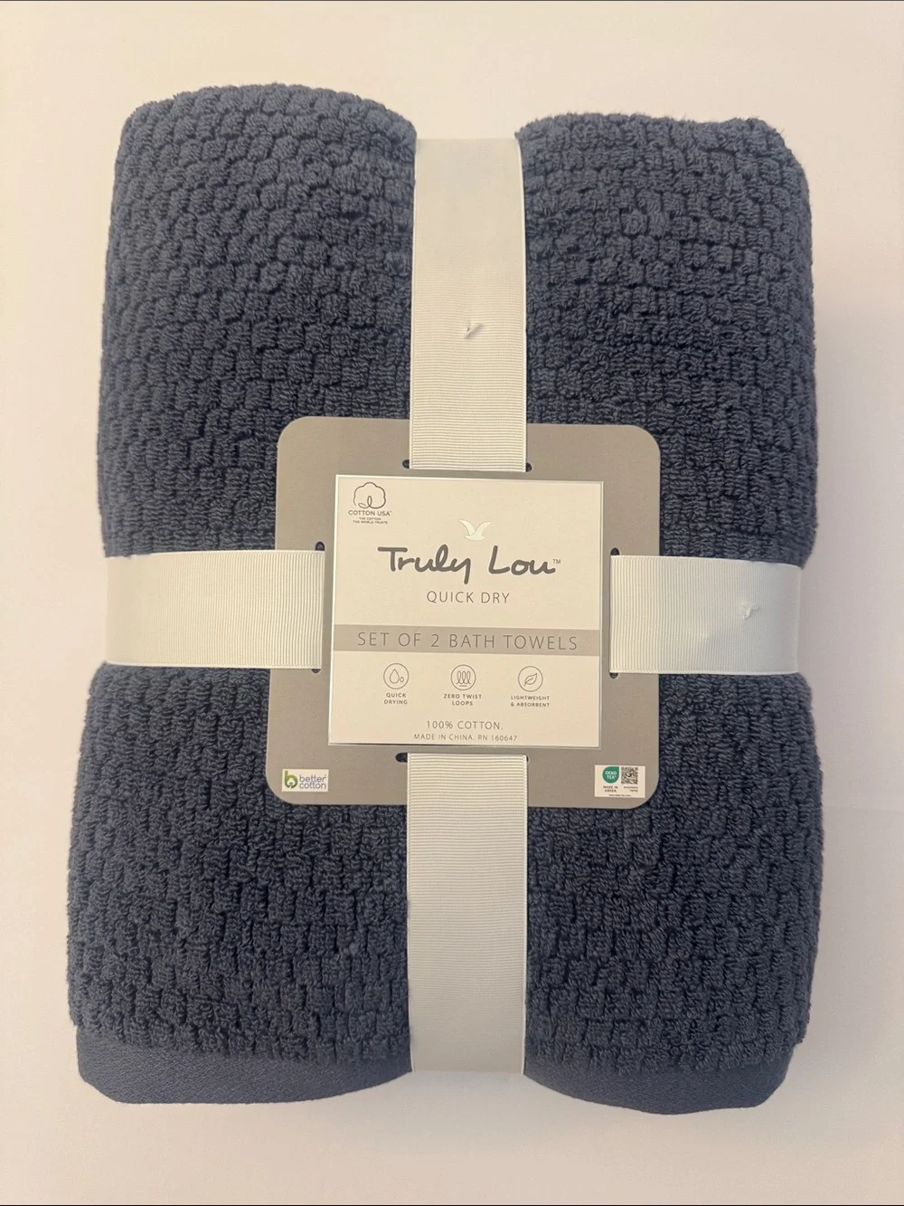 2pc TRULY LOU Quick Dry 100% Cotton Zero Twist Loops Bath Towels - French Blue